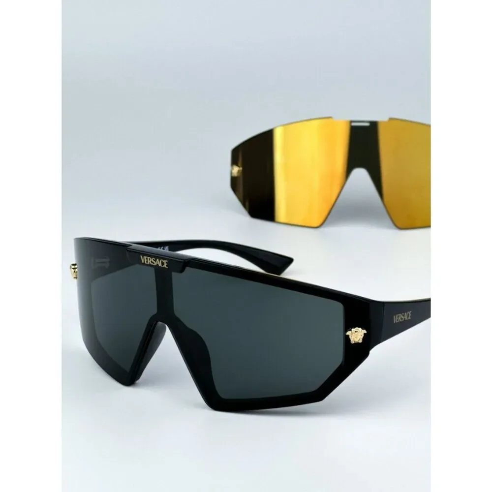 NEW Versace VE4461 GB1/87 Black Dark Grey Mirror Gold Detachable Lens Sunglasses